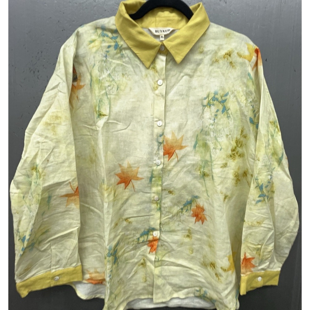 Buykud Top XL Yellow Linen Cotton Button Up Cottage Boho Nature Earthy Autumn